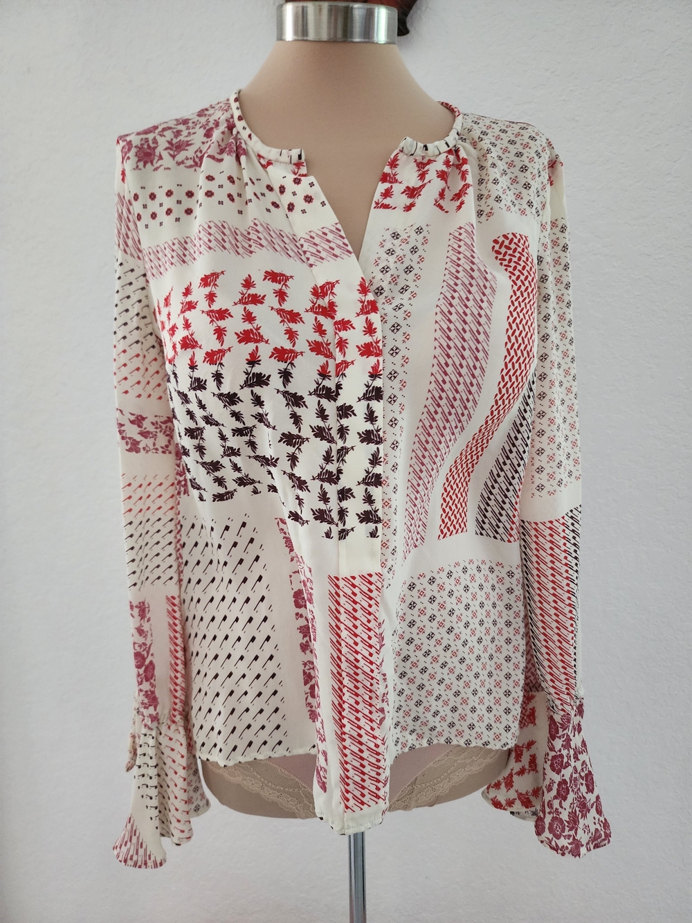DEREK LAM 10 CROSBY | Women's Cream Patchwork Print Blouse